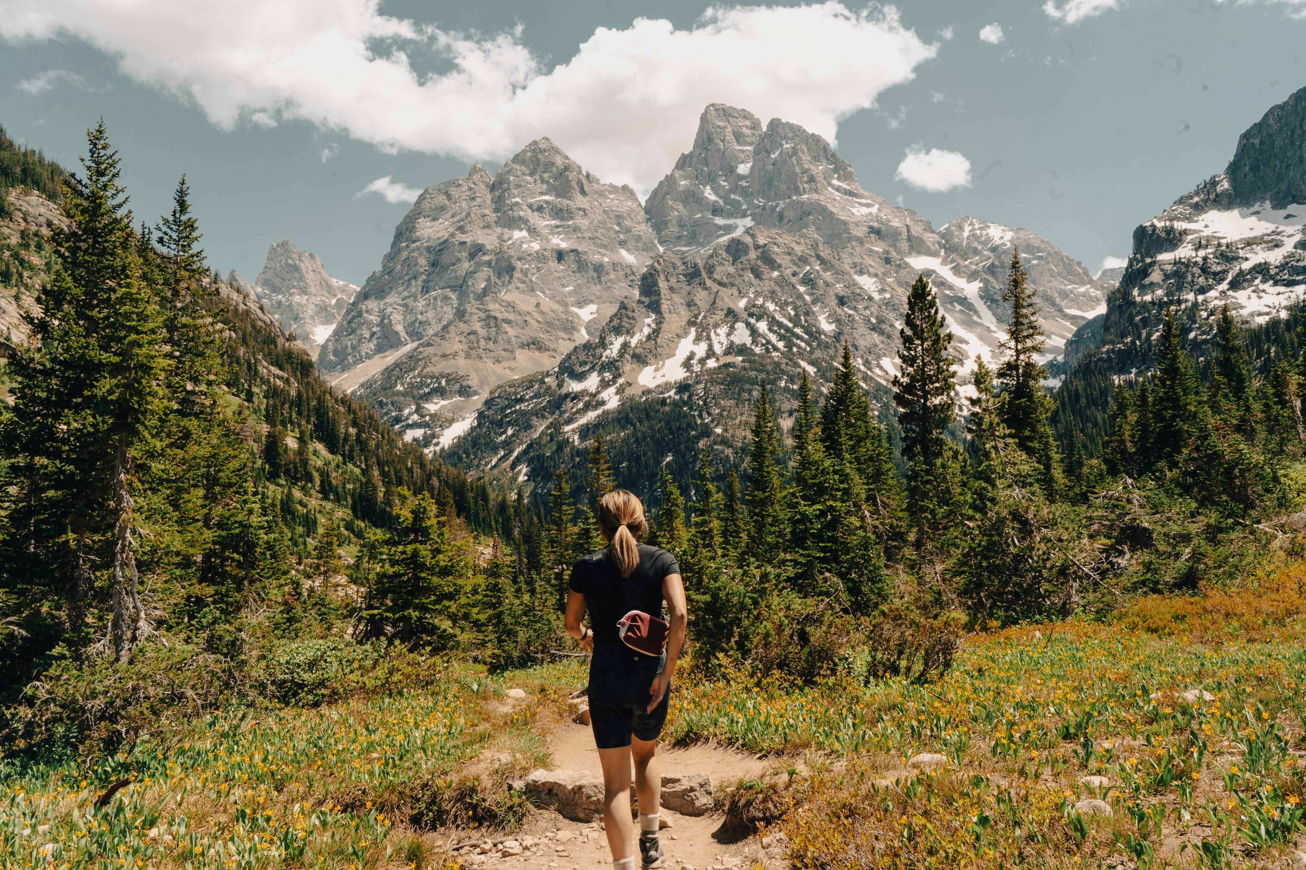 Woman hikes toward majestic, snow-capped mountains.