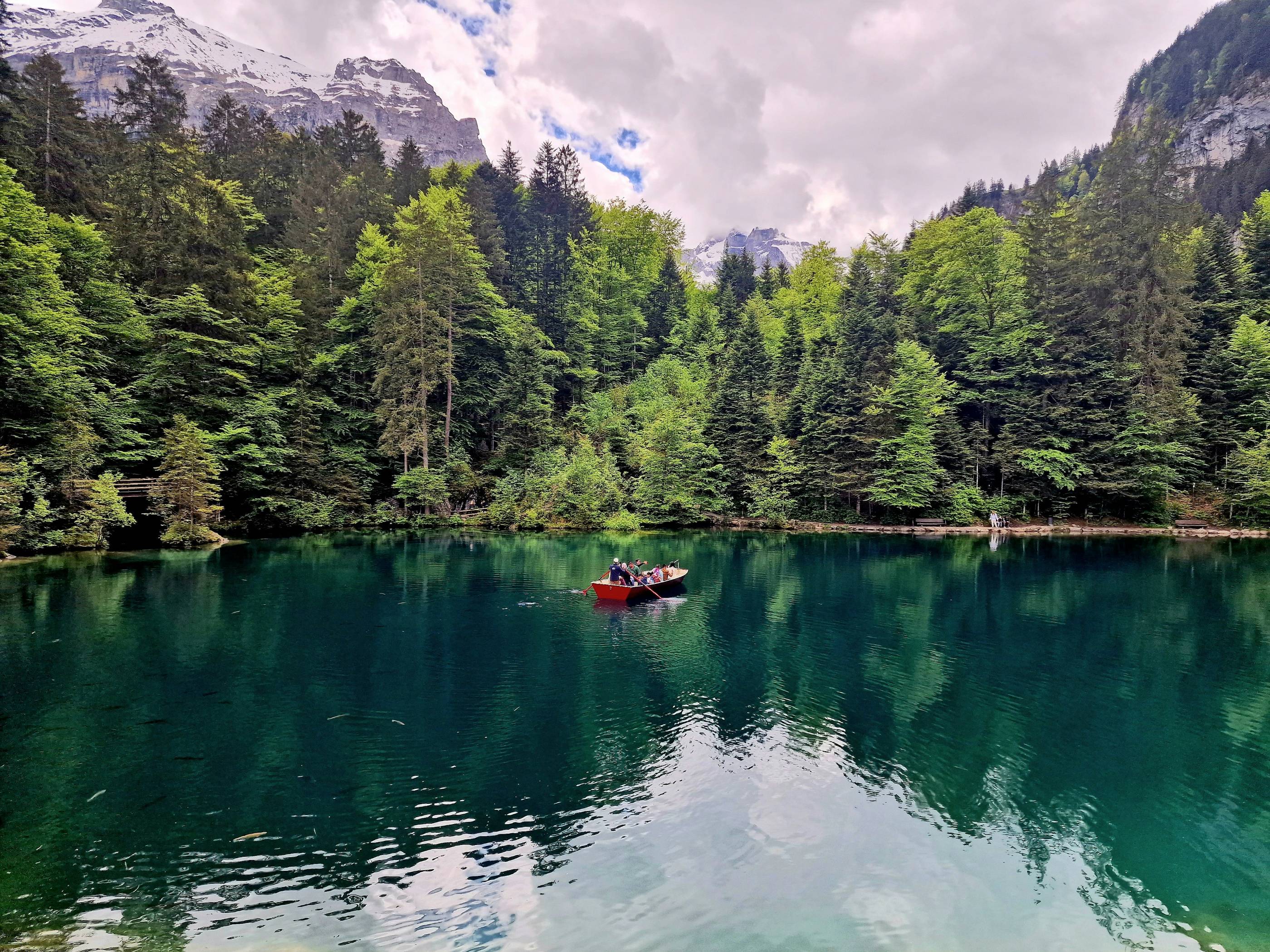 A boat floating on top of a lake surrounded by forest